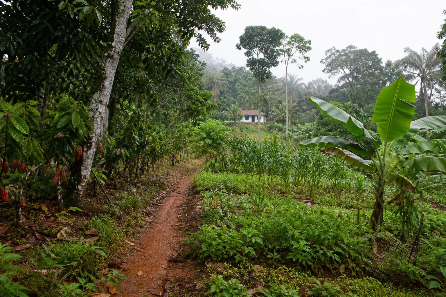 Caminho de terra entre cacaueiros, bananeiras, horta e cultivo de milho.
