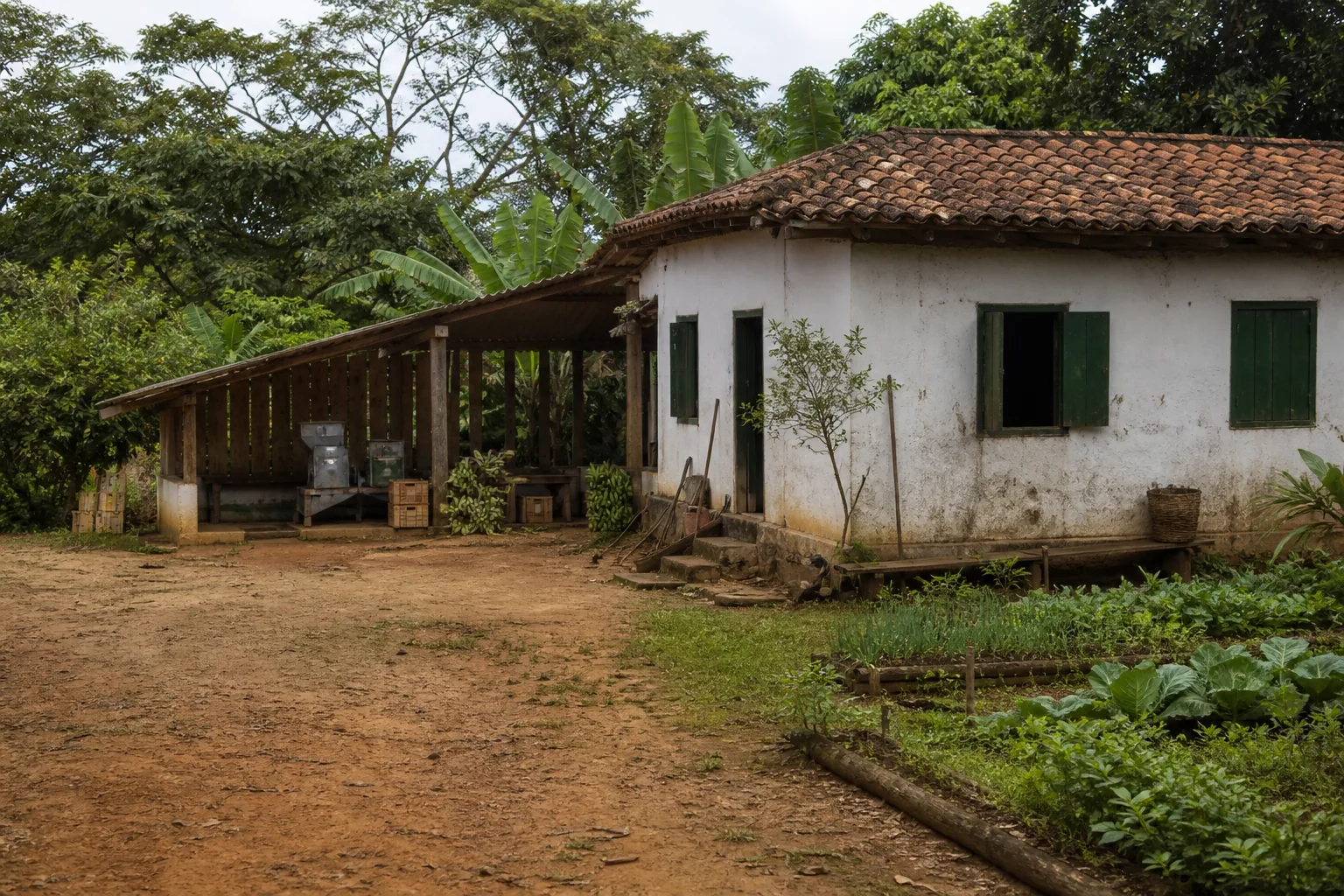Casa rural branca e galpão de madeira cercados pela vegetação da propriedade.