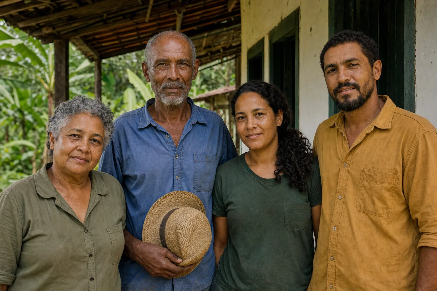 Retrato de quatro integrantes adultos da família produtora na varanda da casa.