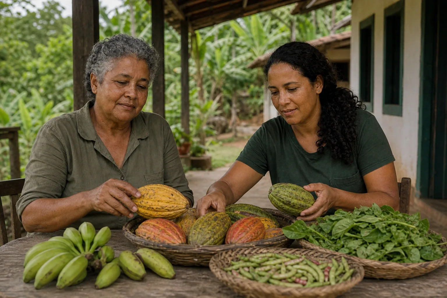 Duas mulheres da família observam cacau, banana, folhas e feijão sobre uma mesa.