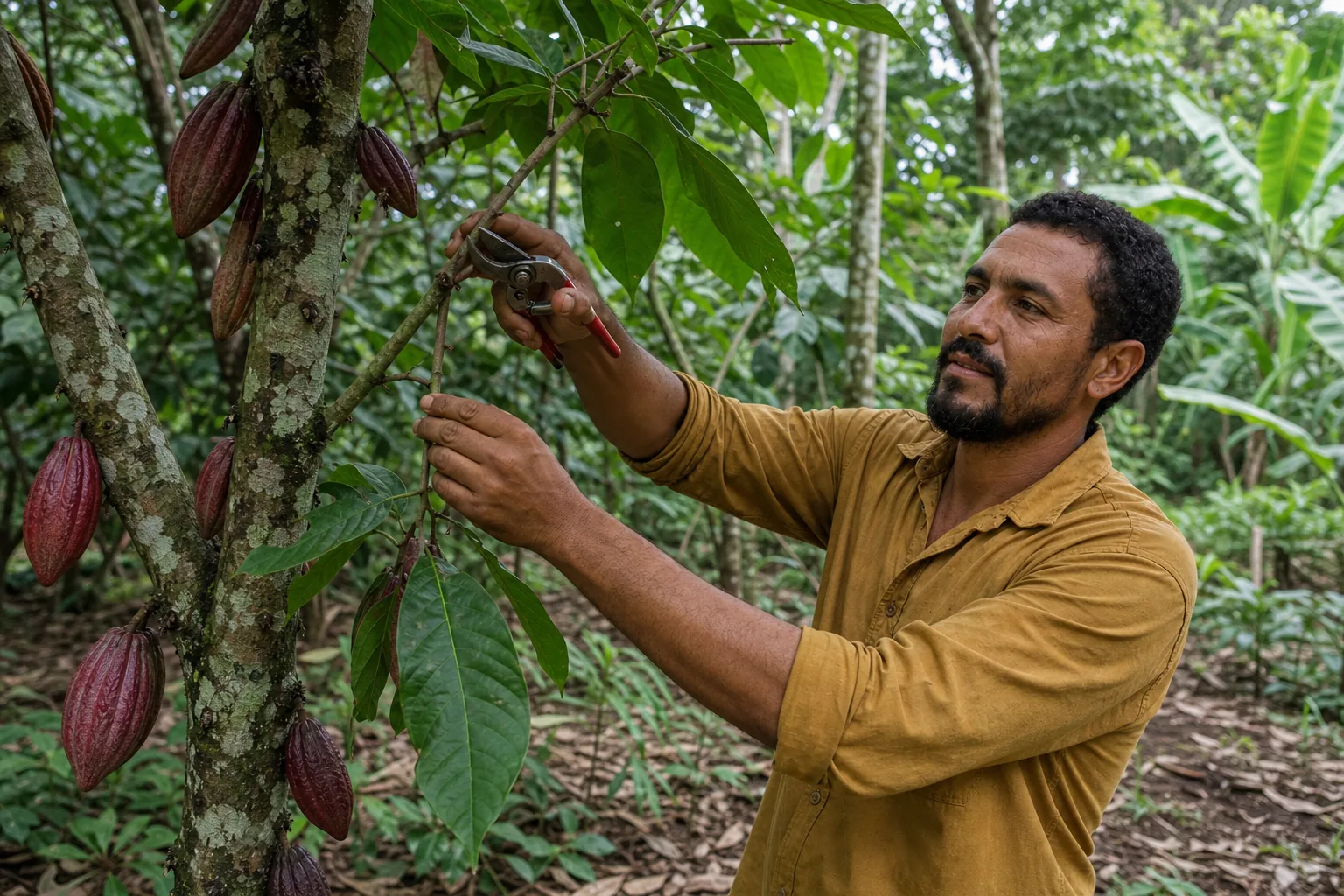 Produtor inspeciona folhas e realiza uma poda manual em cacaueiro com frutos.