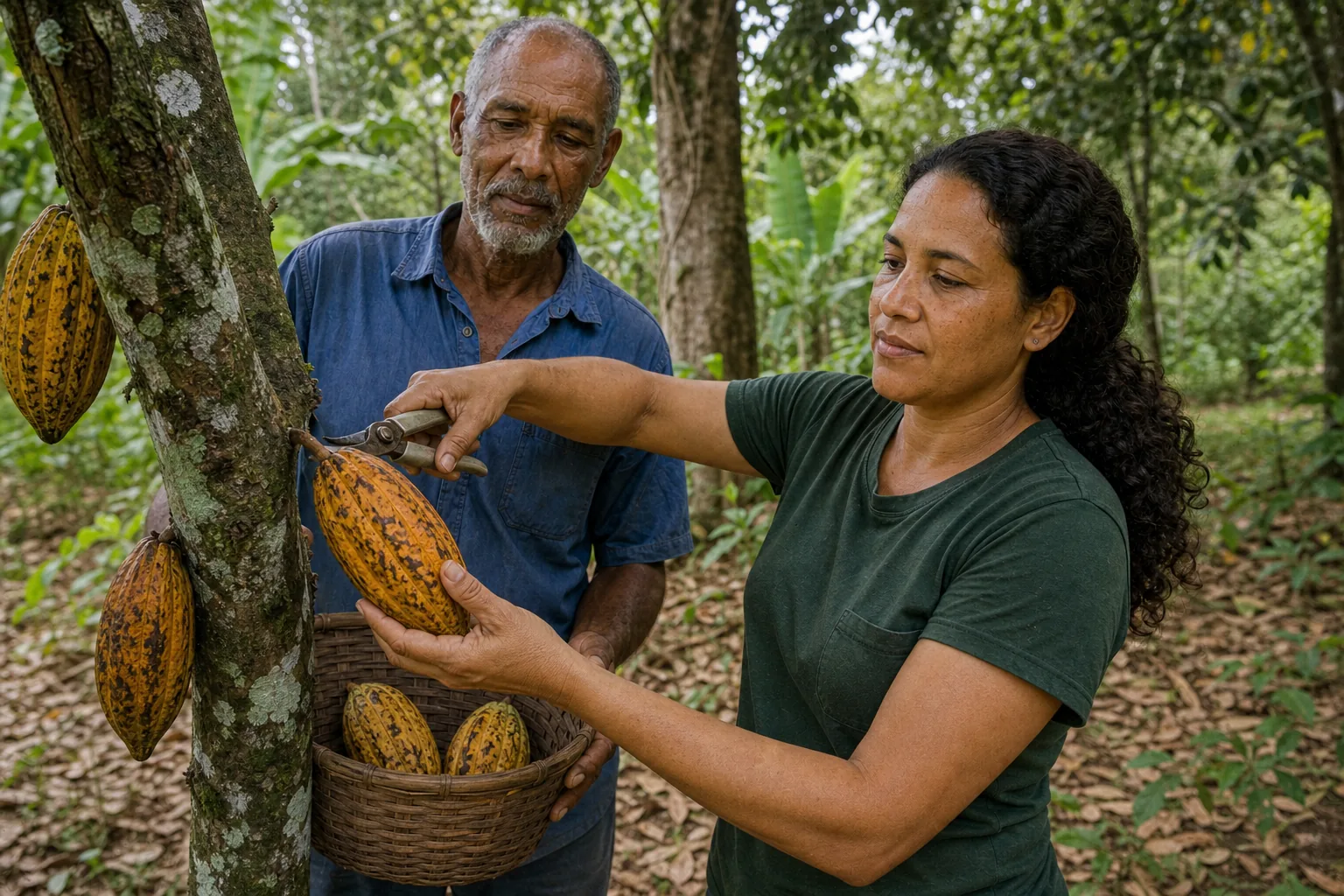 Produtora corta o pedúnculo de um fruto maduro enquanto outro produtor segura o cesto.