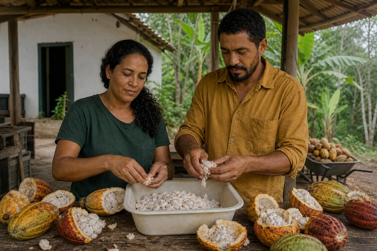 Dois produtores retiram amêndoas com polpa de frutos de cacau recém-abertos.