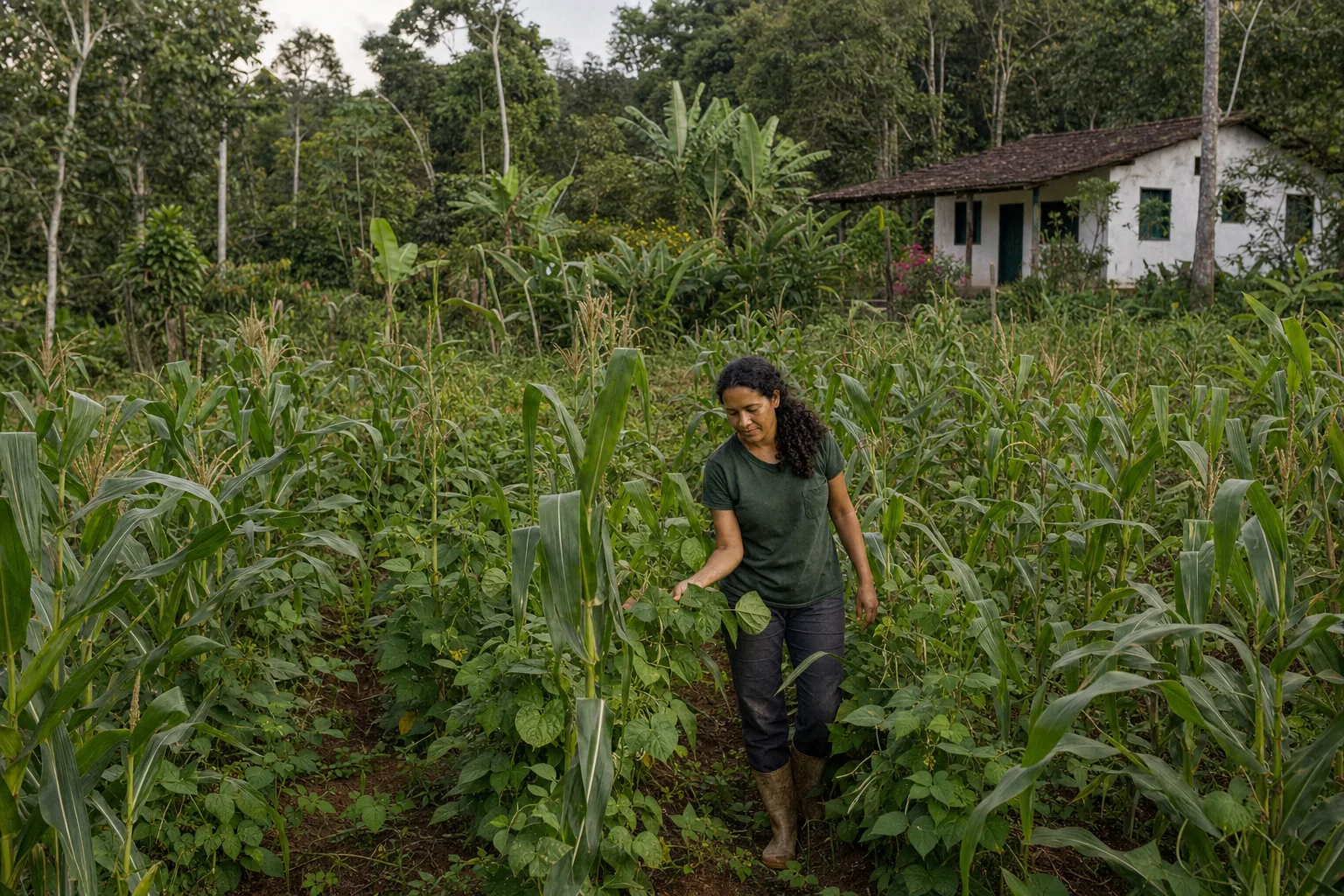 Produtora caminha entre milho e feijão cultivados juntos.