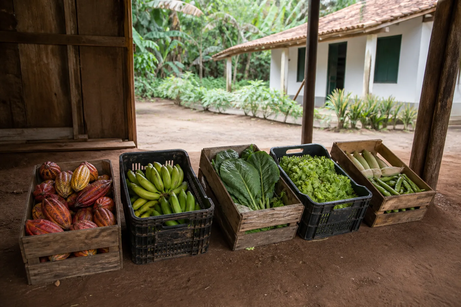 Caixas com cacau, banana, hortaliças, milho e feijão no galpão.