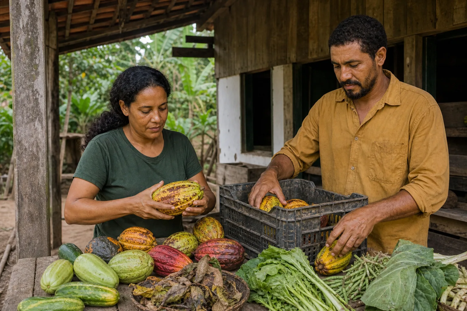 Dois produtores inspecionam cacau e hortaliças sobre a mesa de seleção.